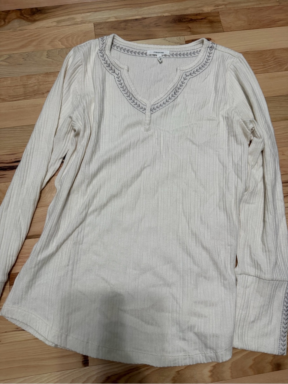 Maurices Cream Ribbed Long-Sleeve Henley with Embroidered Trim